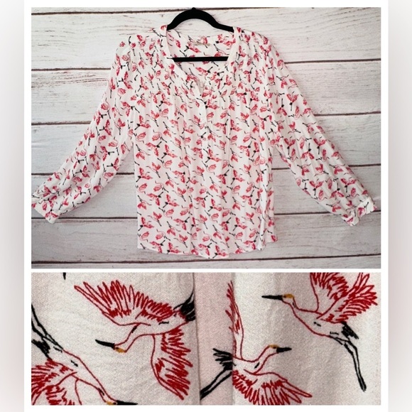 My Danielle Tops - My Danielle White & Red Bird Print Blouse - Size L Lightweight Crane Office
